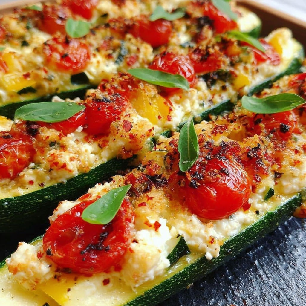 A dish made with zucchini, tomatoes, and feta cheese.