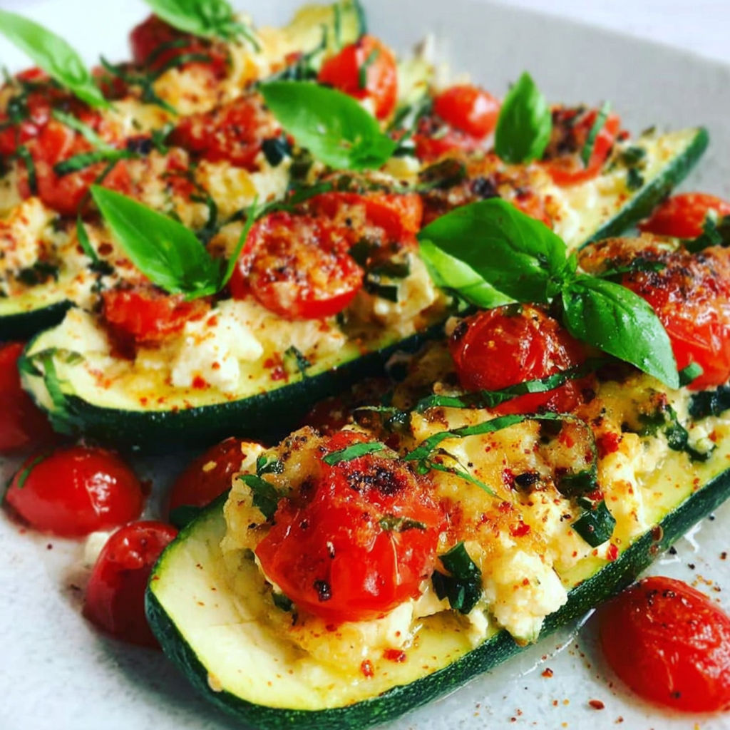 Zucchini with tomatoes and feta cheese.