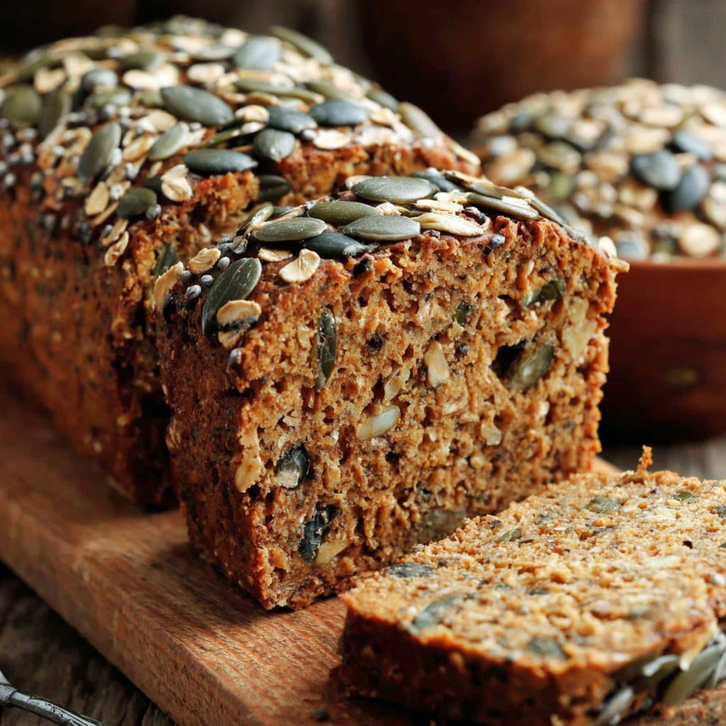 A slice of hafer-samen-brot on a wooden cutting board.