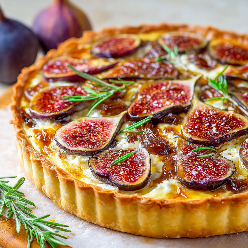 A close up of a pie with figs and fennel.