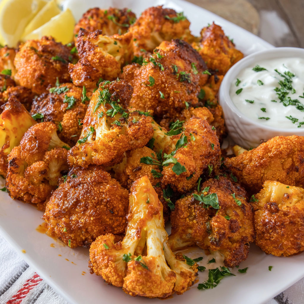 A plate of buffalo cauliflower with a bowl of ranch dressing.