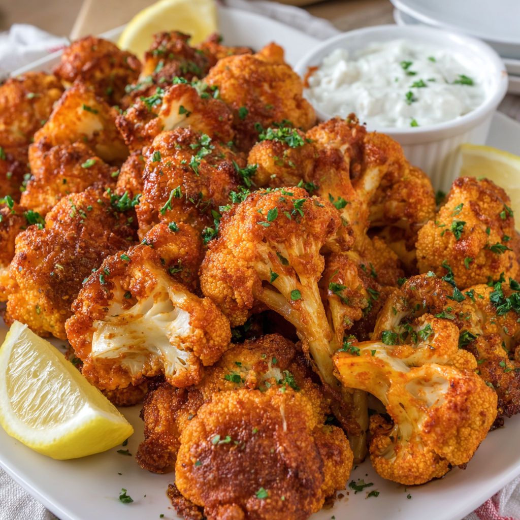 A plate of buffalo cauliflower with lemon wedges on the side.
