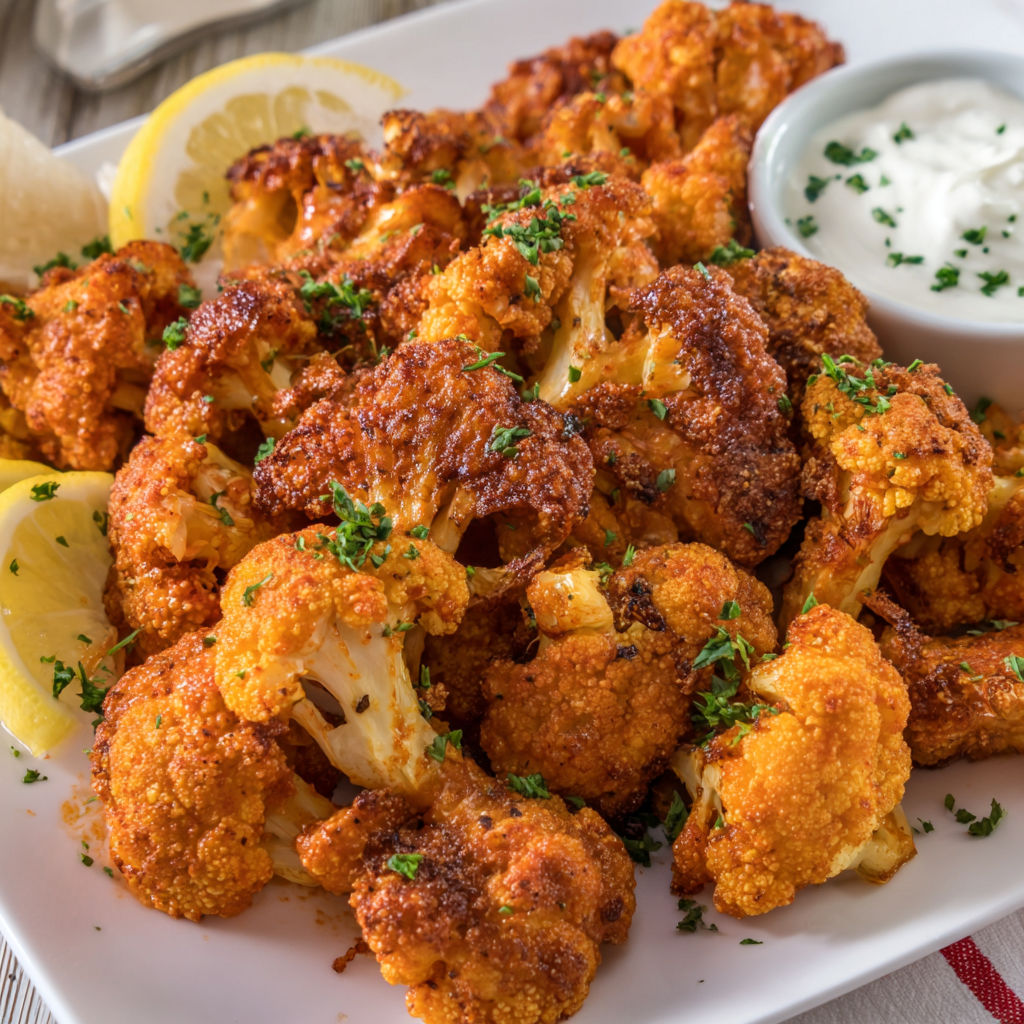 A plate of cauliflower with a bowl of sauce.