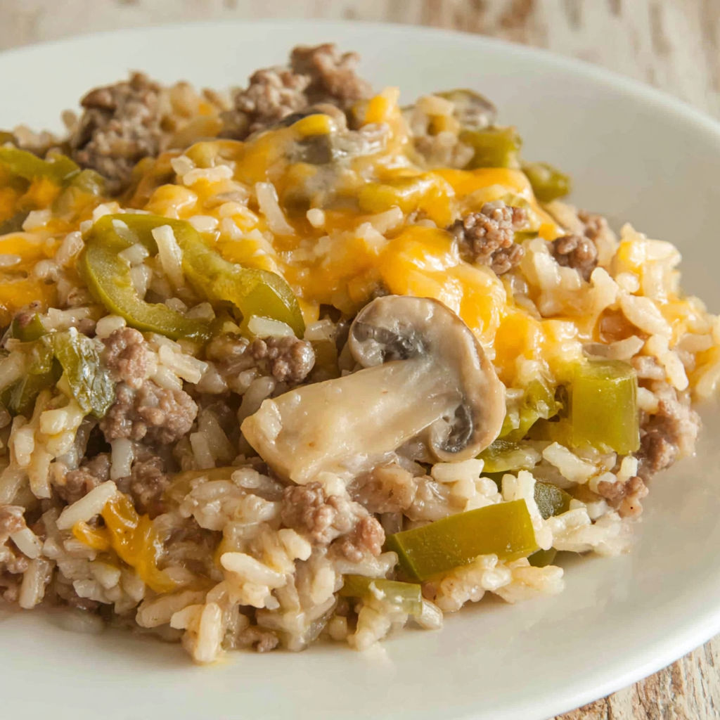 A plate of rice with mushrooms and ground beef.