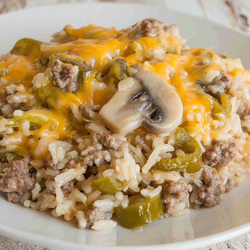 A plate of food with rice, mushrooms, and ground beef.