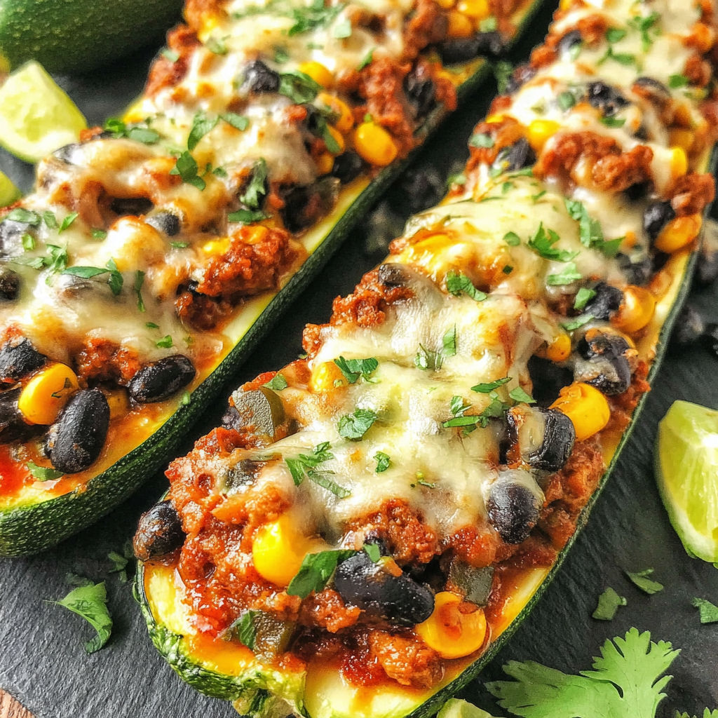 A plate of Mexican zucchini boats with cheese and black beans.