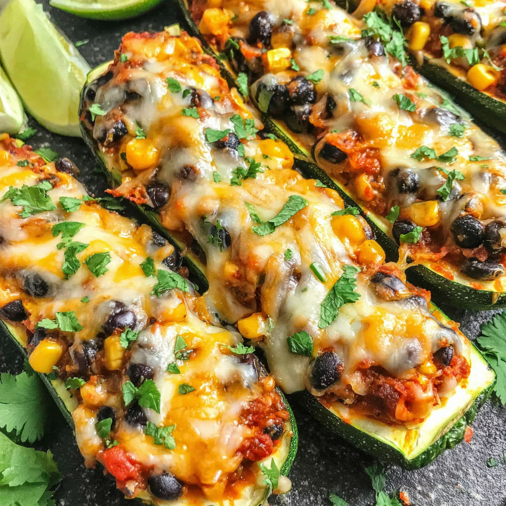 A plate of Mexican zucchini boats with cheese and black beans.