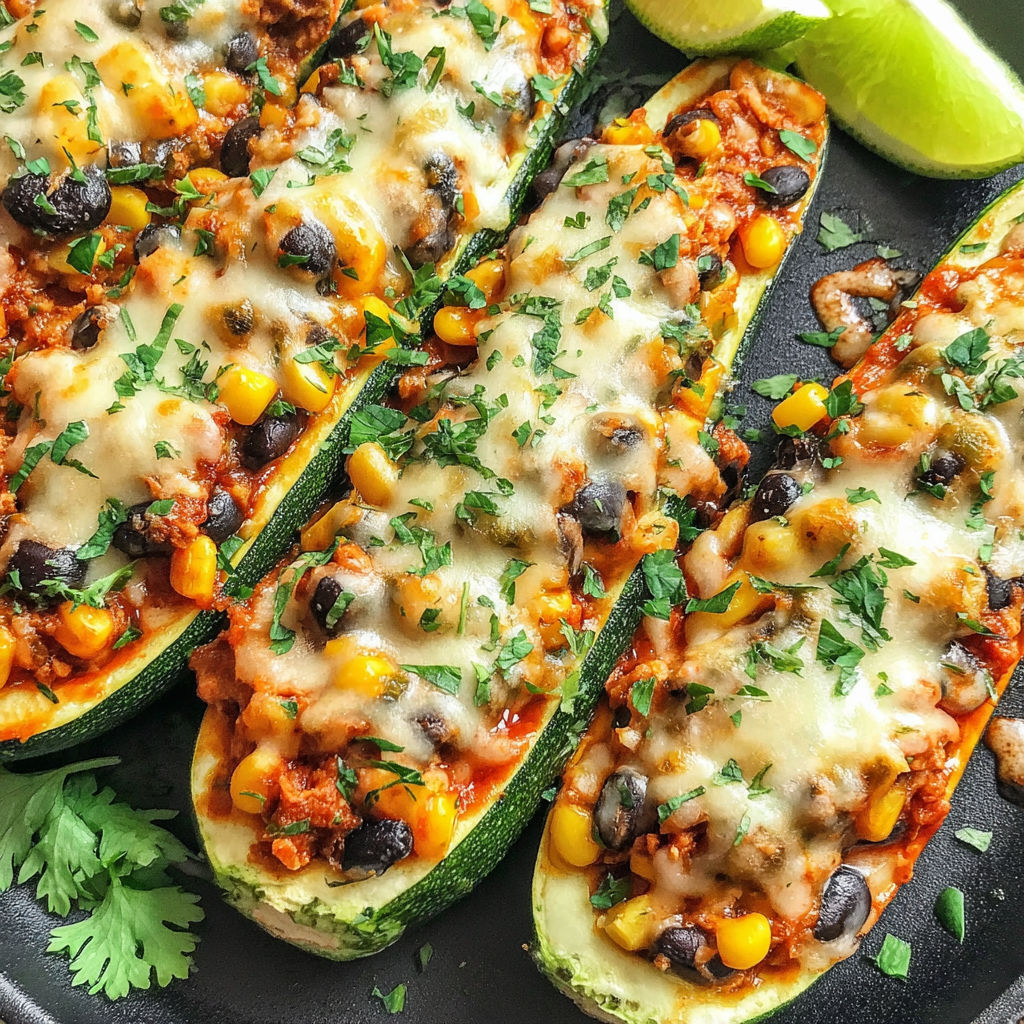 Two slices of Mexican zucchini boats with cheese and beans.