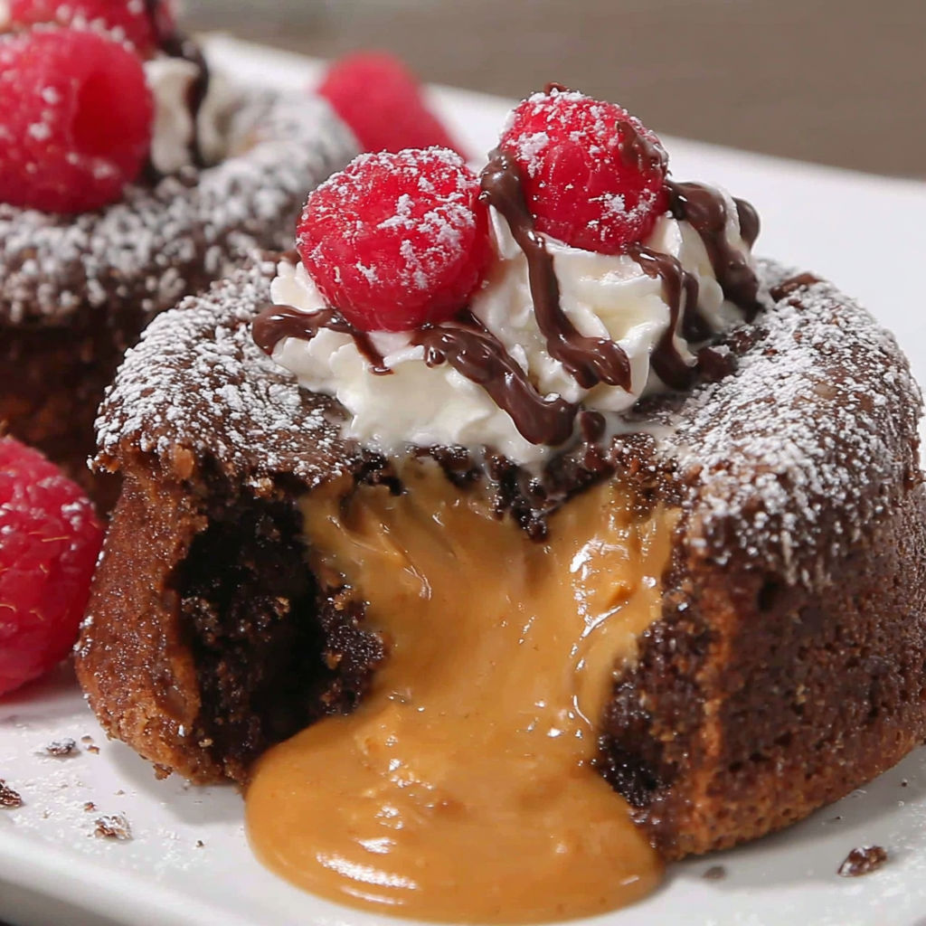 A close up of a peanut butter lava cake with chocolate drizzle.