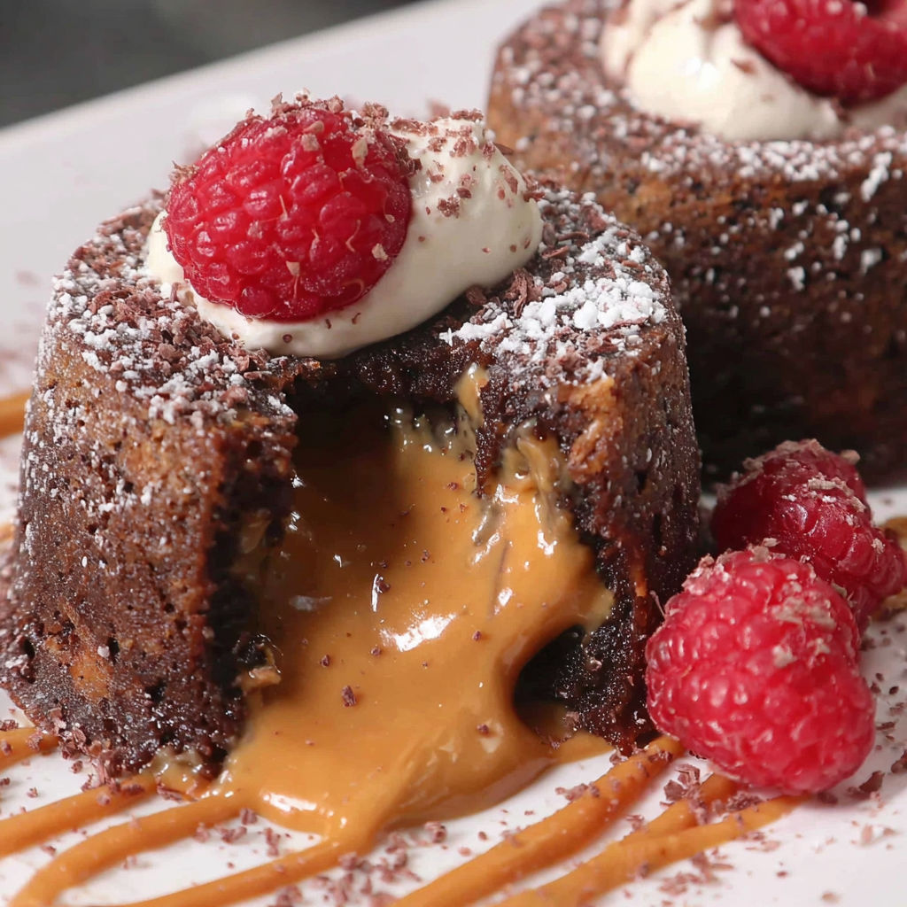 A chocolate dessert with a raspberry on top.