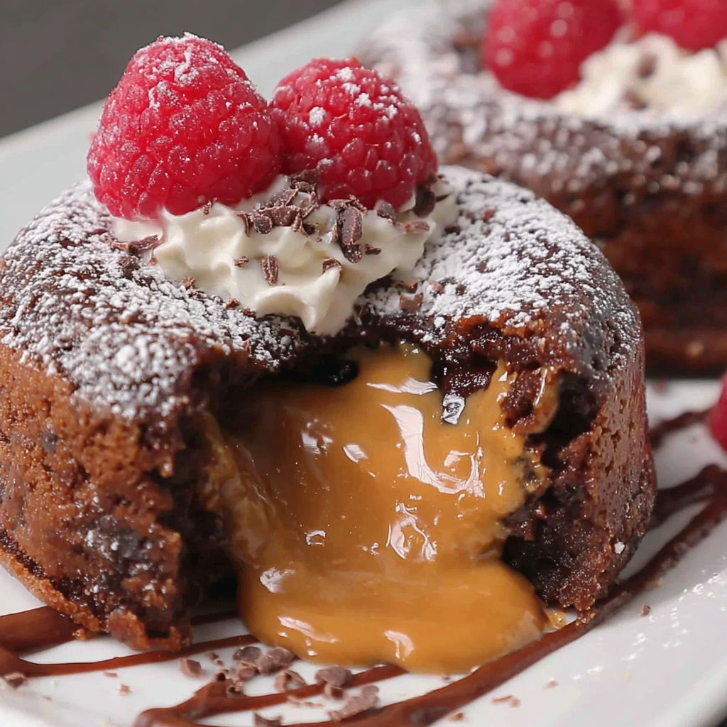 A chocolate dessert with a raspberry on top.