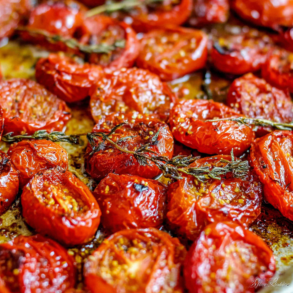 A close up of a pan of roasted tomatoes.