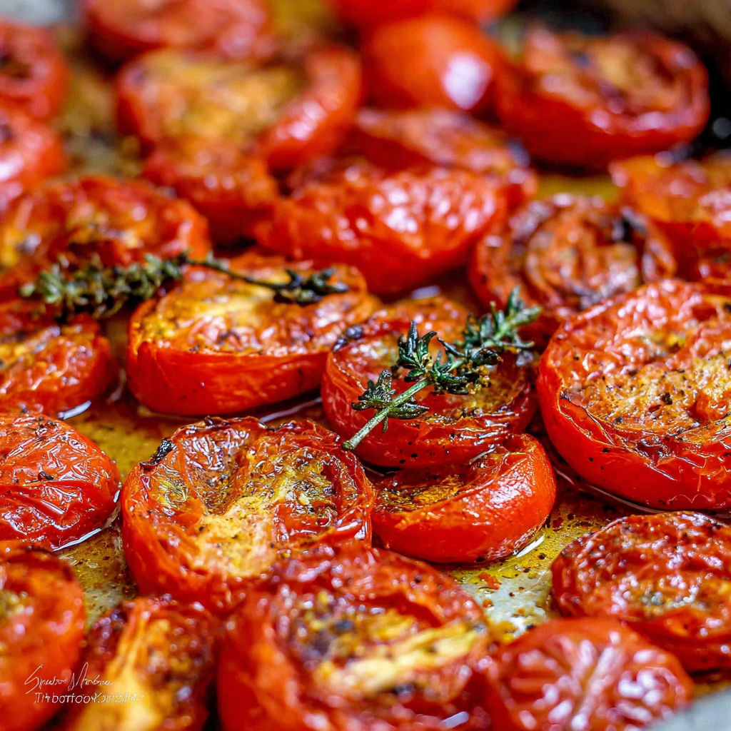 A close up of roasted tomatoes with herbs.