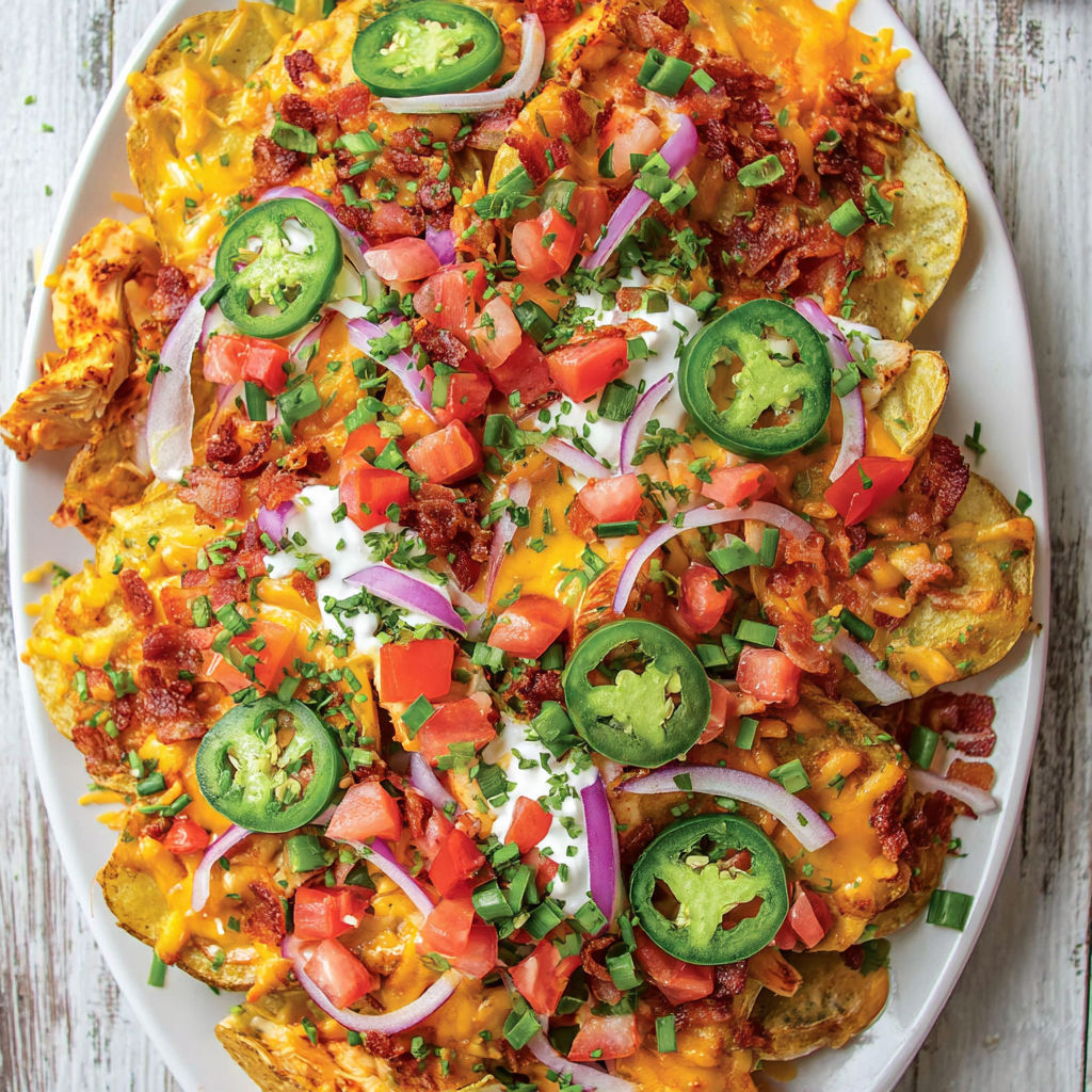 A plate of nachos with tomatoes, jalapenos, and cheese.