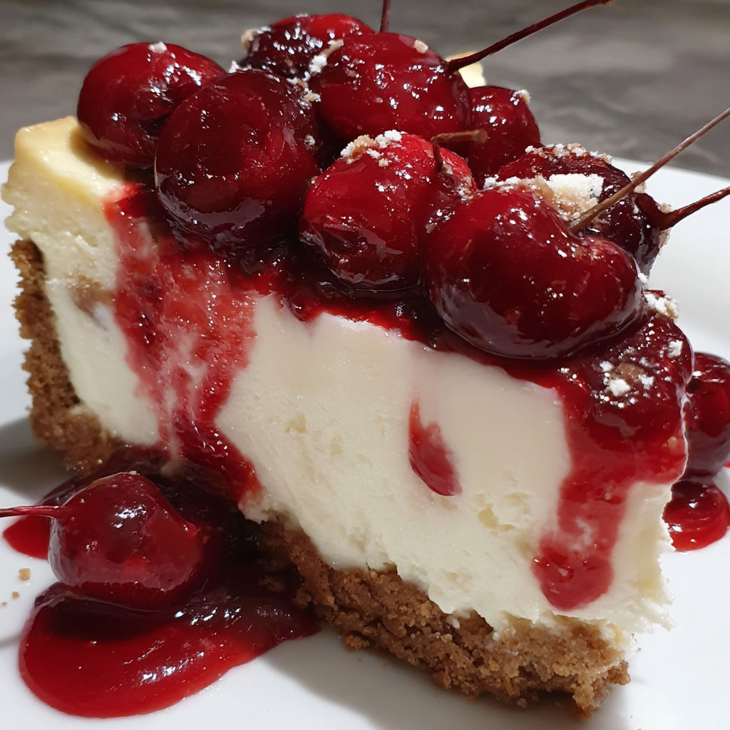 A slice of cherry cheesecake with cherries on top.