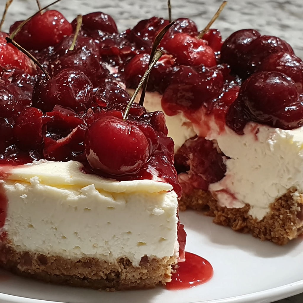 A slice of cherry cheesecake with a cherry on top.