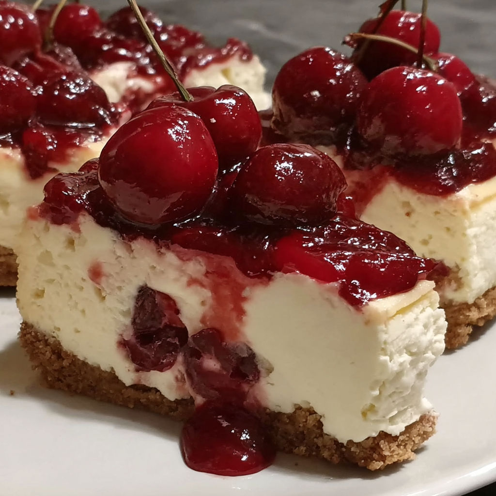 A slice of cheesecake with cherries on top.