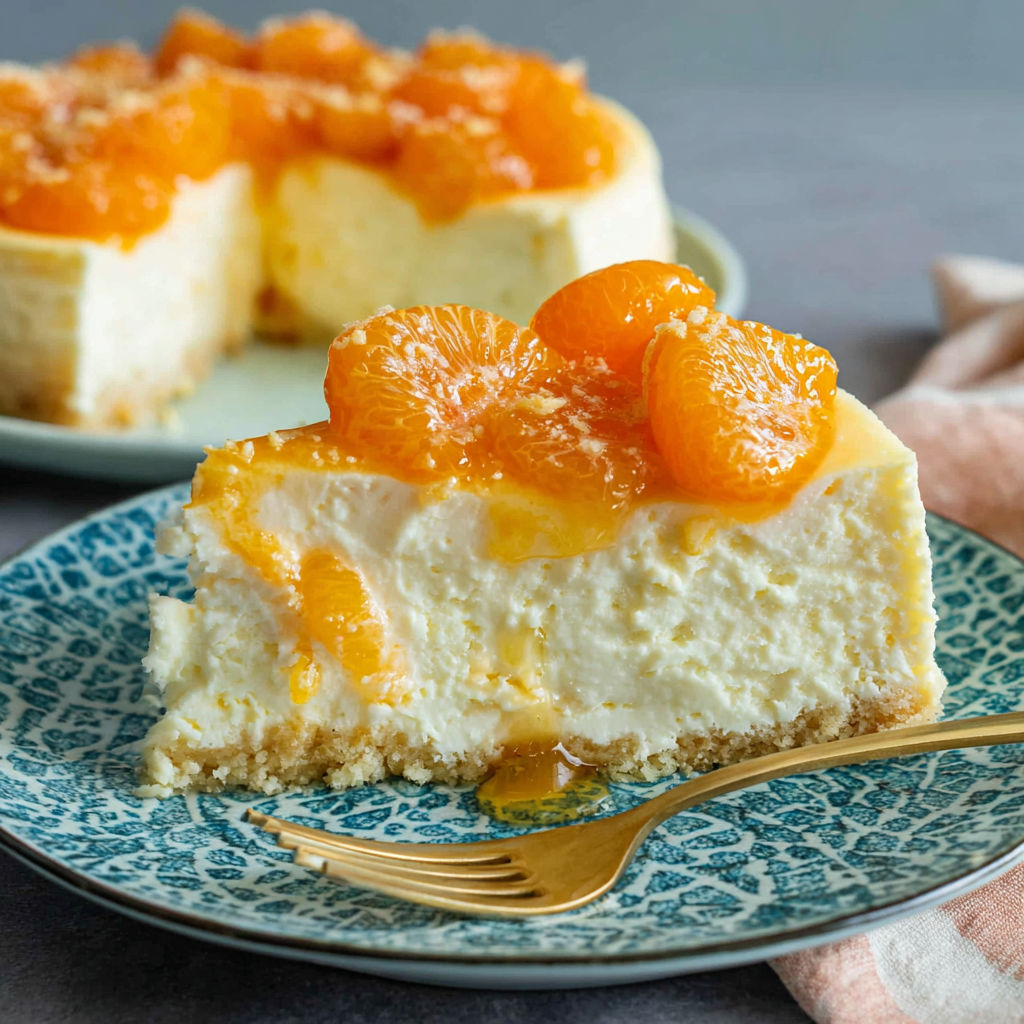 A slice of orange cheesecake with orange slices on top.