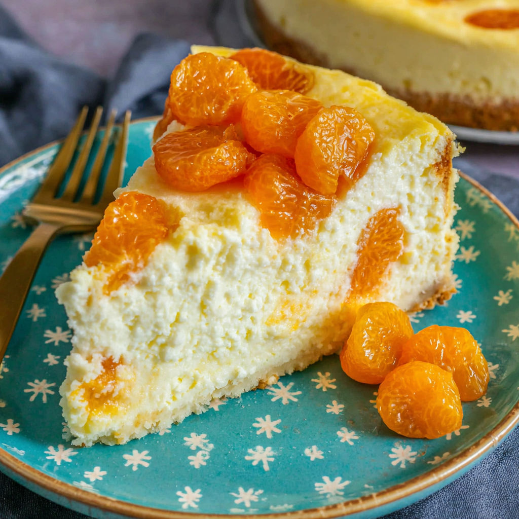 A slice of cheesecake with orange slices on top.