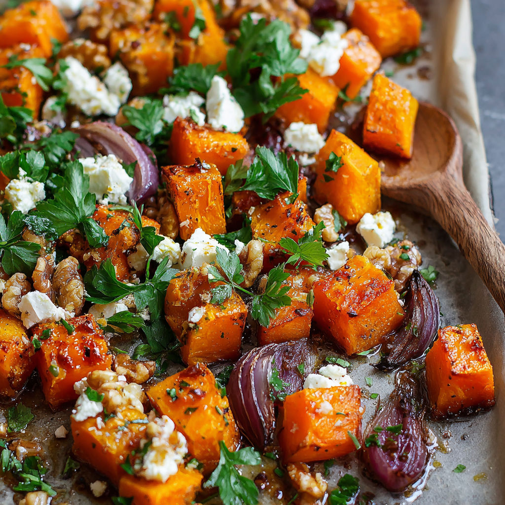 A dish of roasted squash with feta cheese.