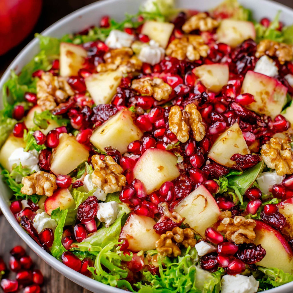 A bowl of fruit salad with apples, raisins, walnuts and pomegranates.