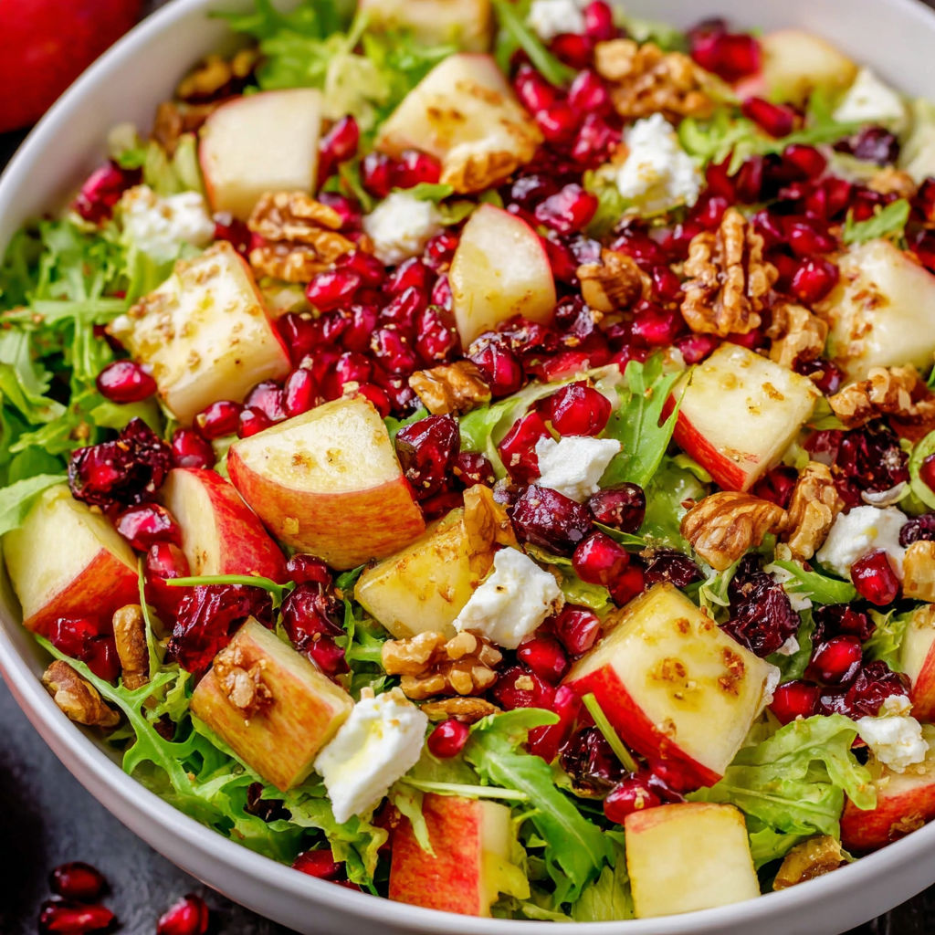 A bowl of fruit salad with apples, walnuts, and pomegranate.