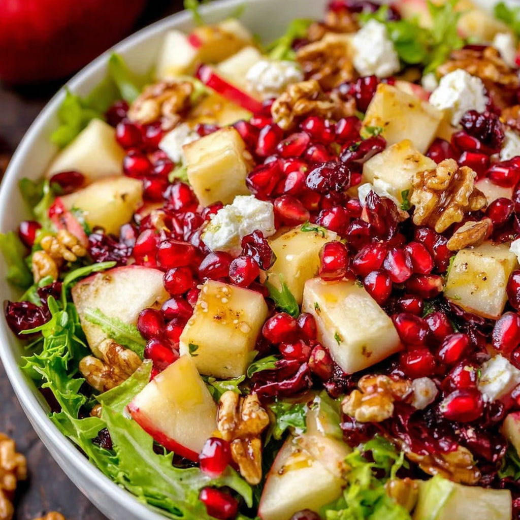 A bowl of salad with apples, walnuts, and pomegranate.