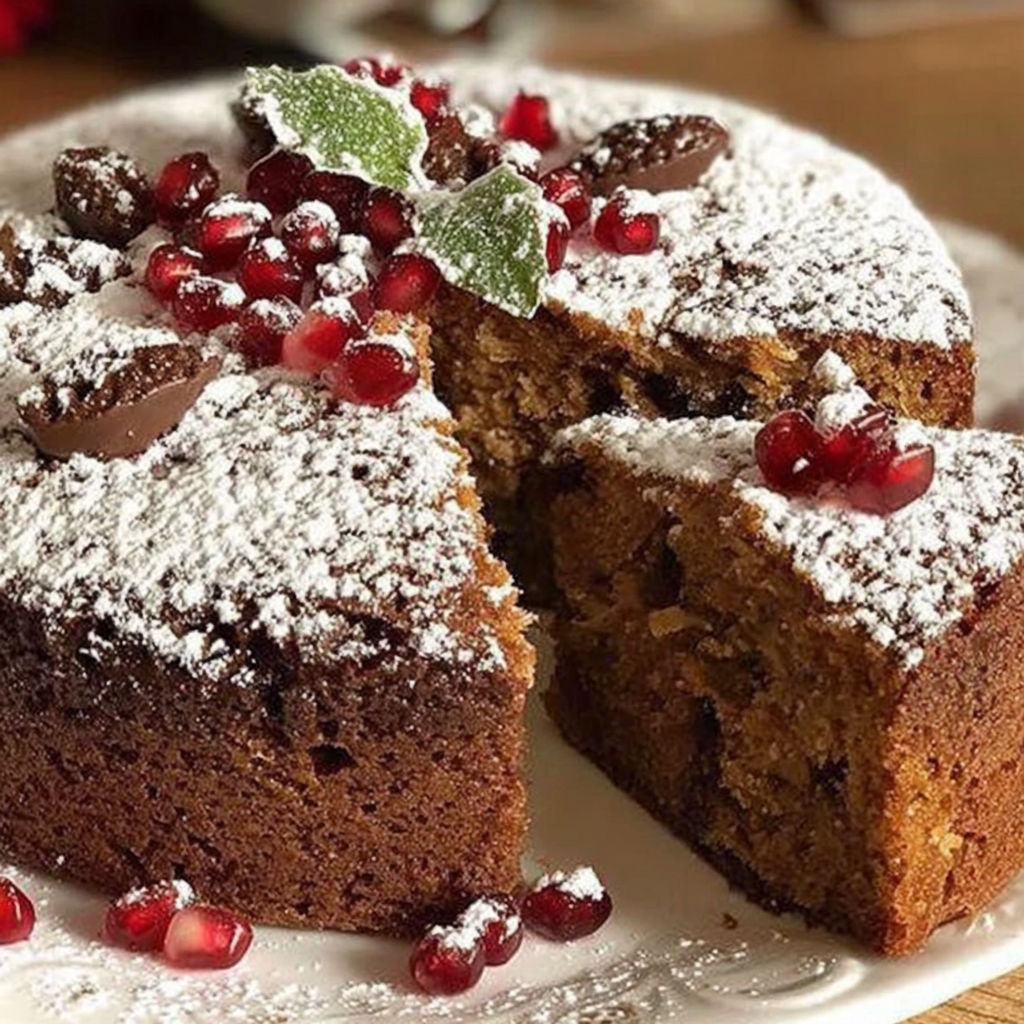 A slice of cake with white powdered sugar and pomegranate seeds on top.