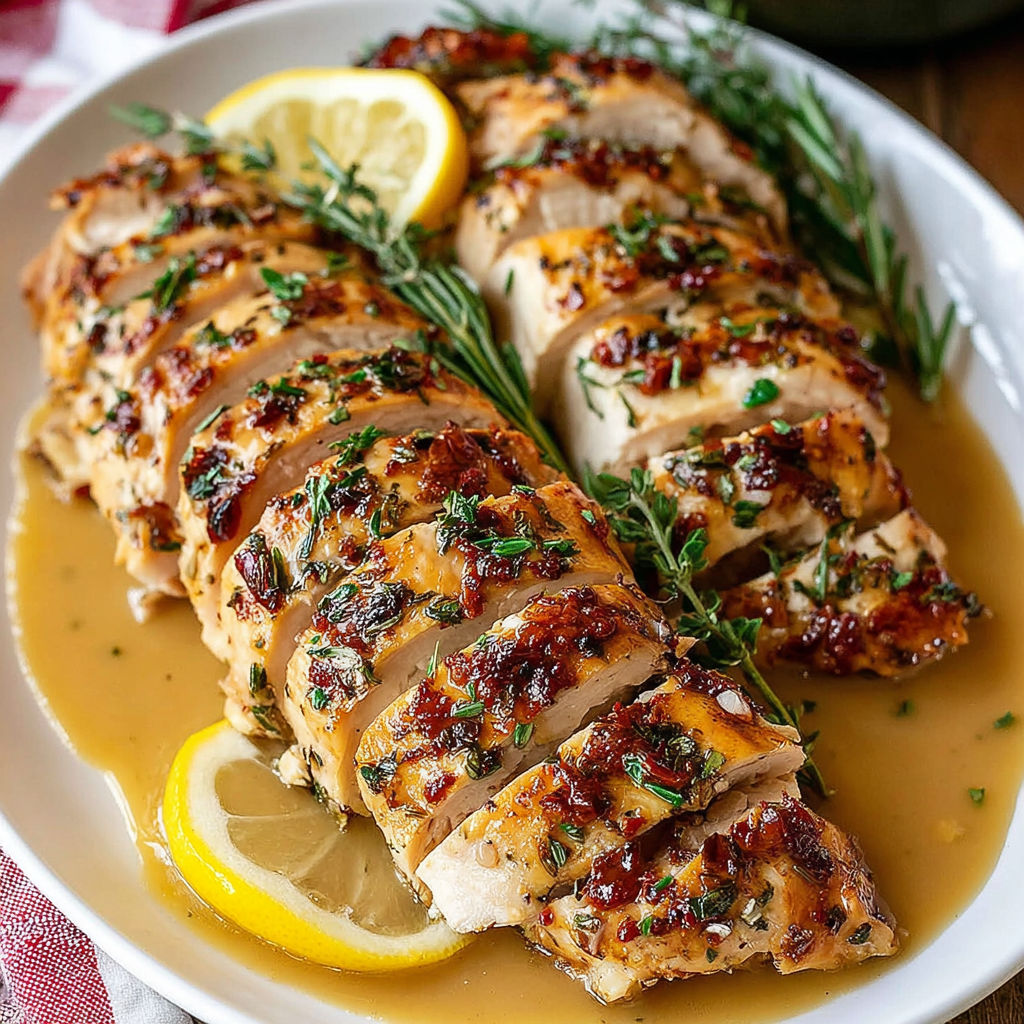 A plate of chicken with lemon and herbs.