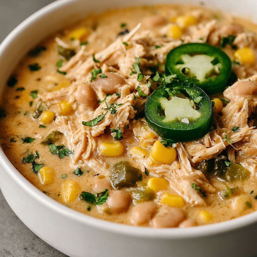 A bowl of chicken chili with green peppers and corn.