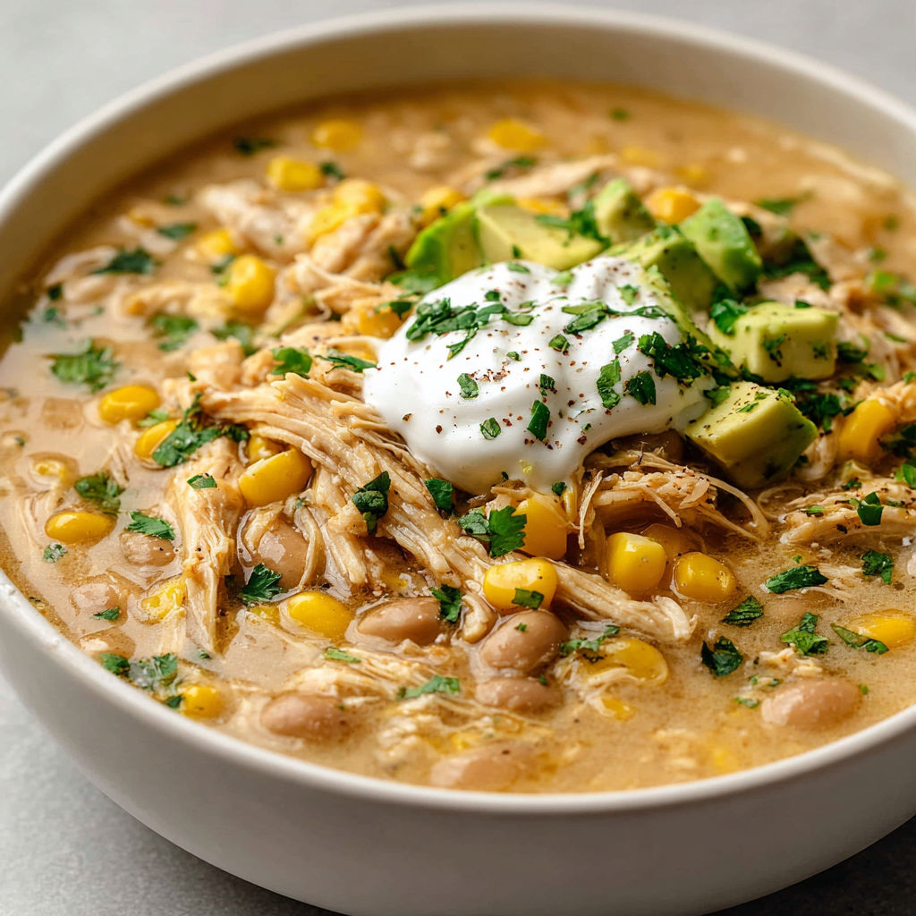 A bowl of chicken chili with avocado and sour cream on top.
