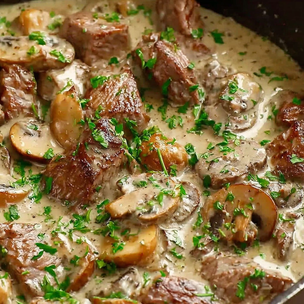 A dish of beef stroganoff with mushrooms and herbs.