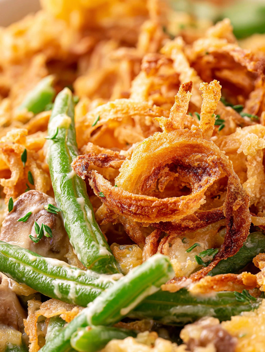 A close up of a creamy green bean casserole.