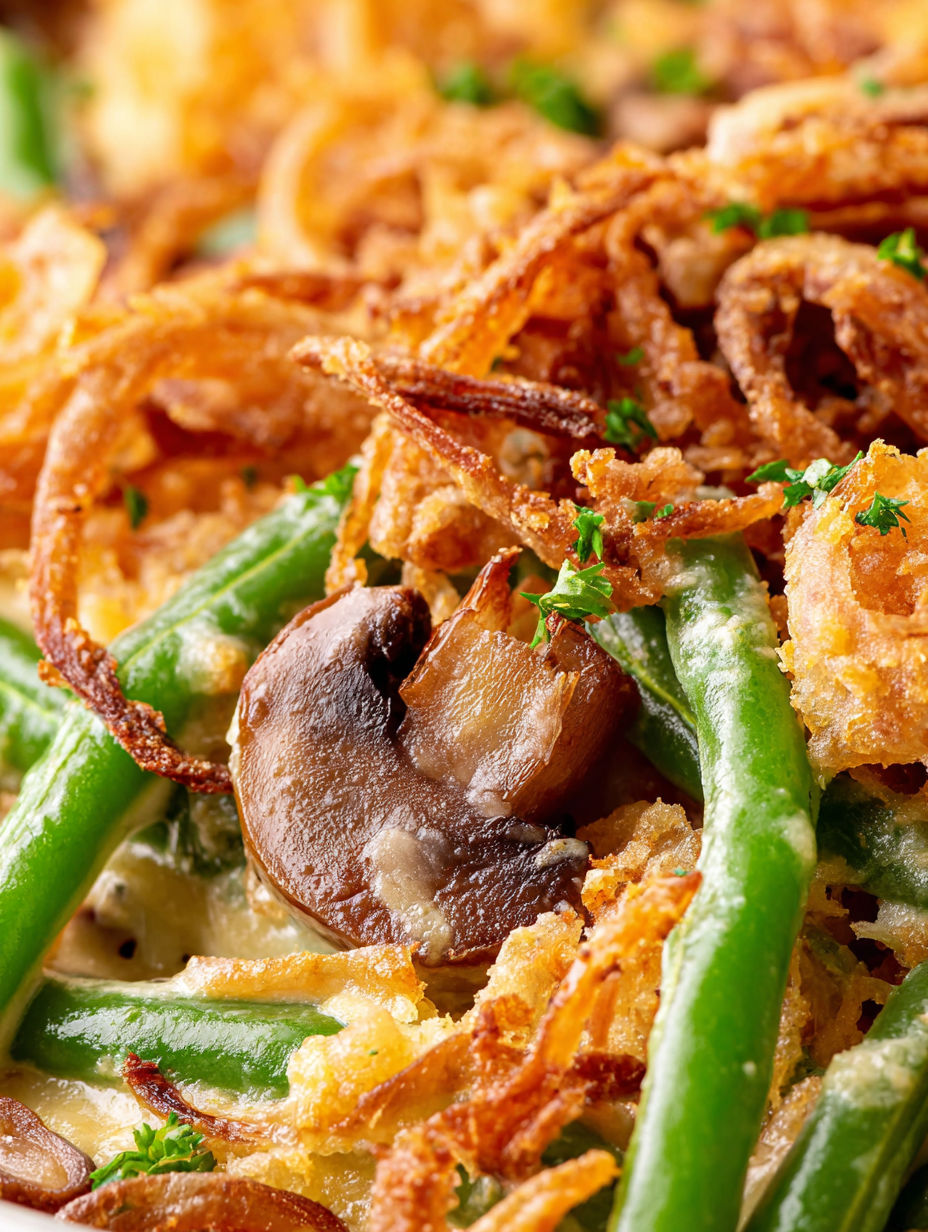 A close up of a creamy green bean casserole from scratch.