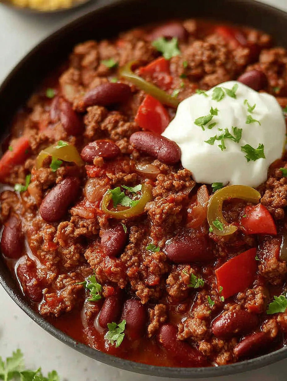 A bowl of chili con carne with a dollop of sour cream on top.