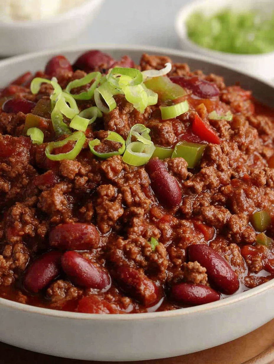 A bowl of chili con carne with green onions on top.