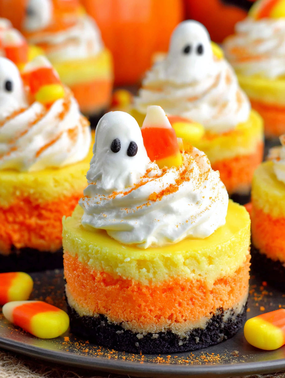 Mini candy corn cheesecakes with white whipped cream.