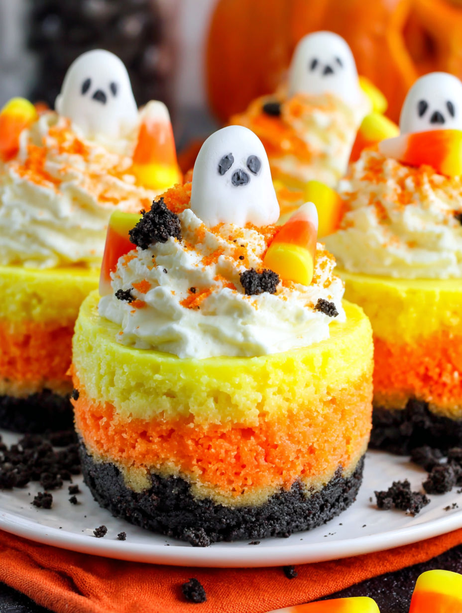 Mini candy corn cheesecakes with white frosting.