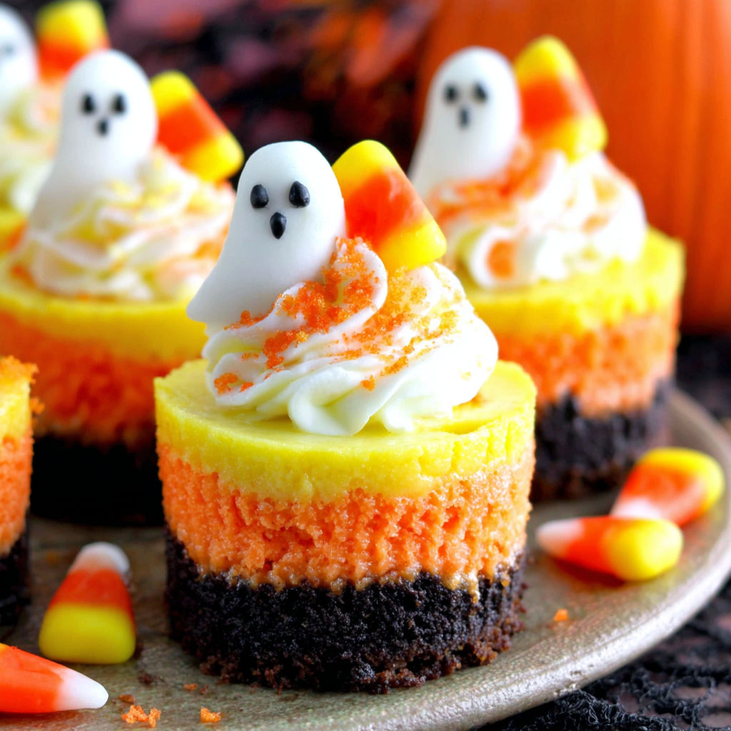 Mini candy corn cheesecakes with orange and white frosting.