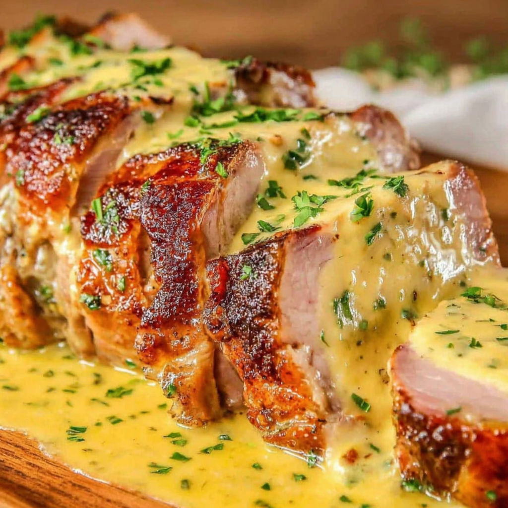 A piece of meat with sauce on it.