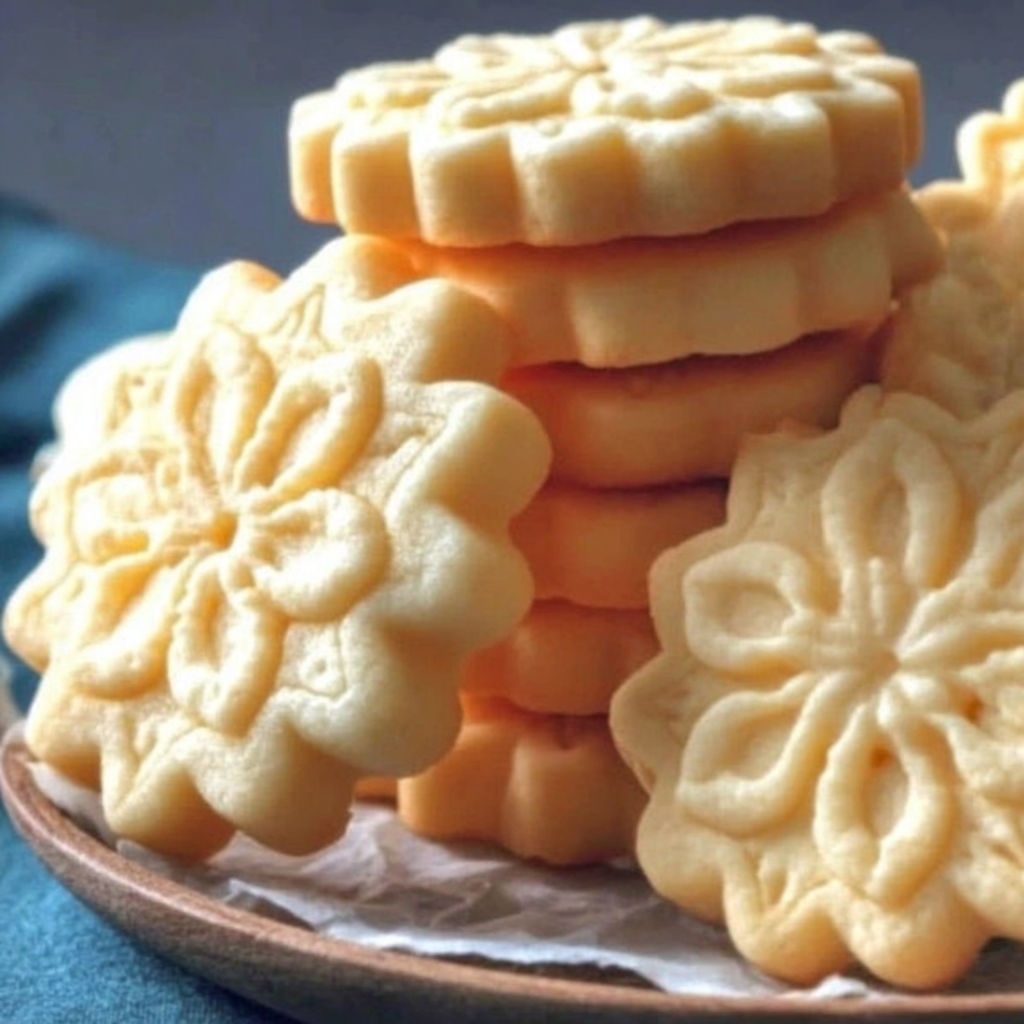 A stack of butter cookies on a plate.