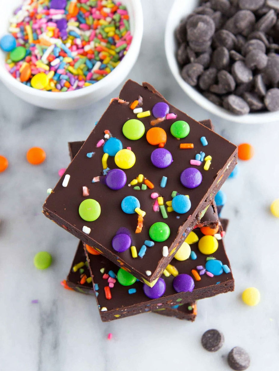 A stack of chocolate brownies with colorful sprinkles.