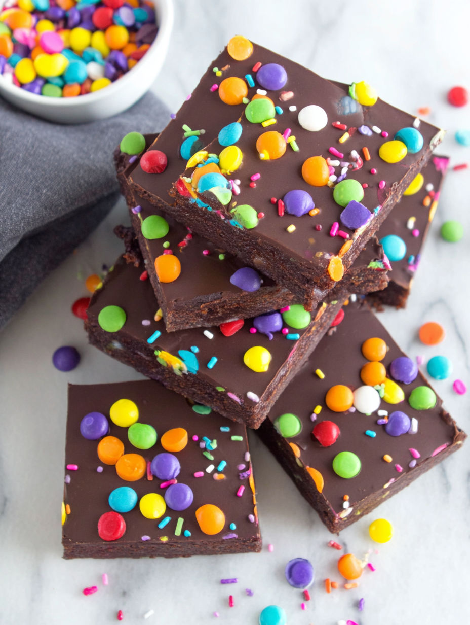 A stack of brownies with sprinkles on top.