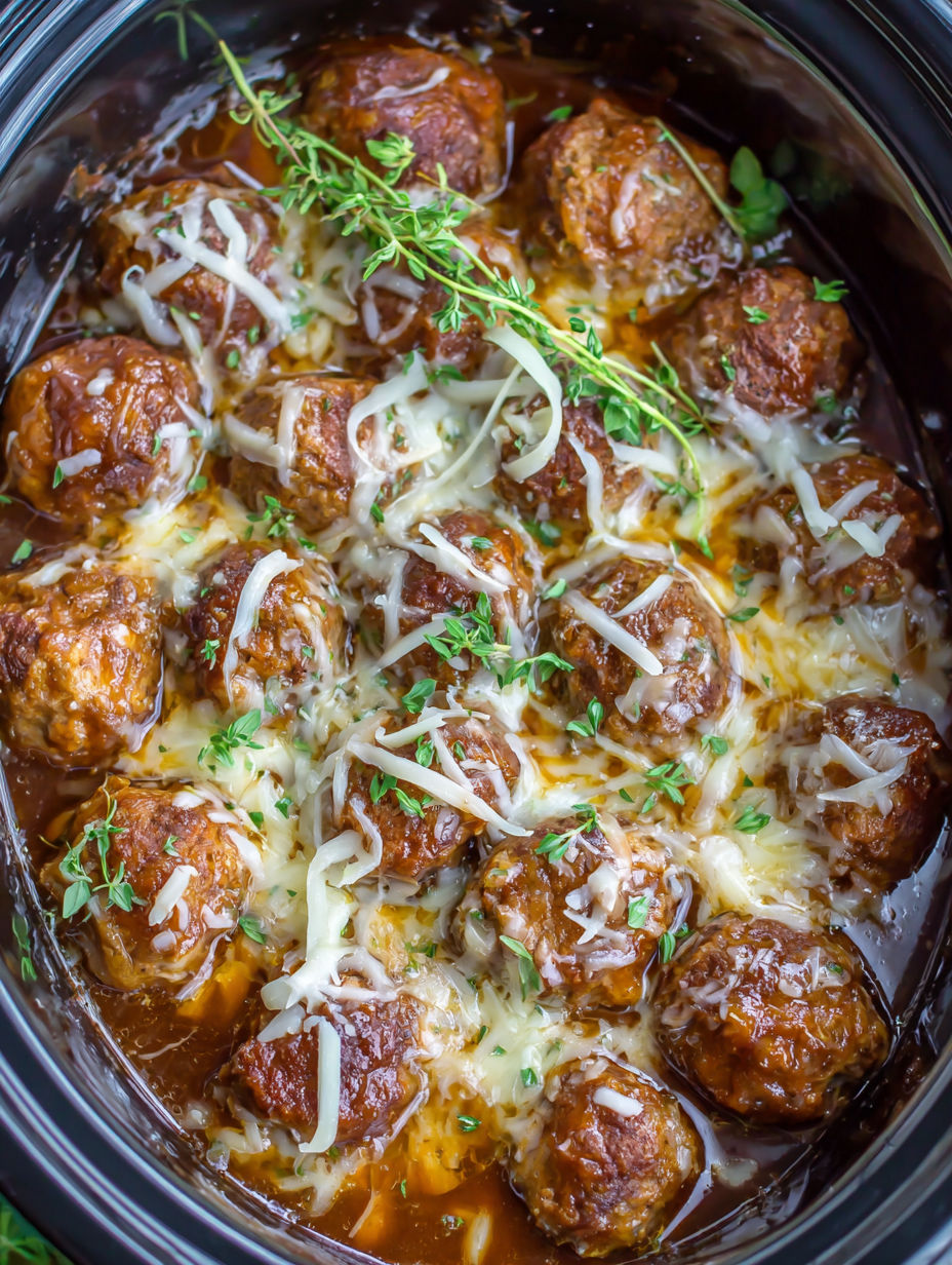 A crockpot filled with meatballs and cheese.
