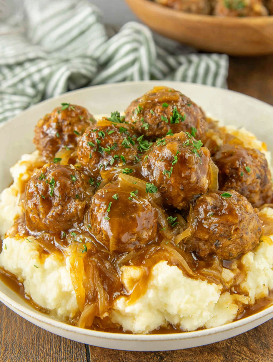 A bowl of meatballs with onions and gravy.