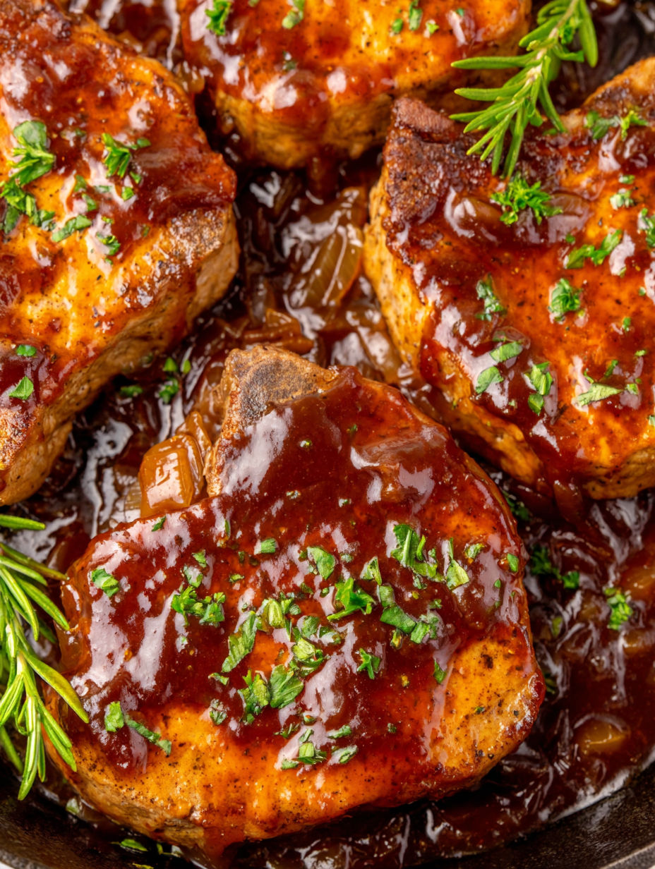 A close up of pork chops with a brown sauce.