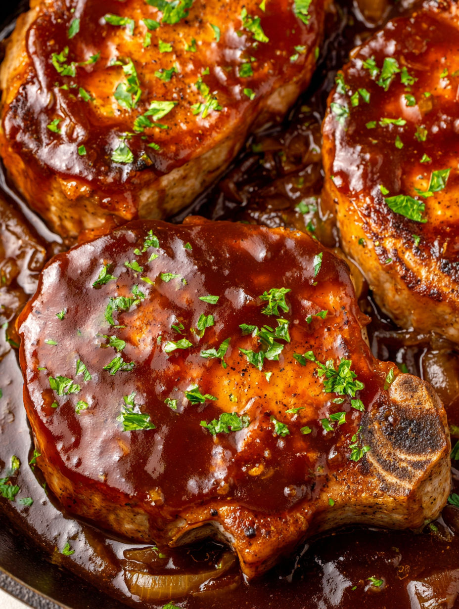 A close up of pork chops with sauce.