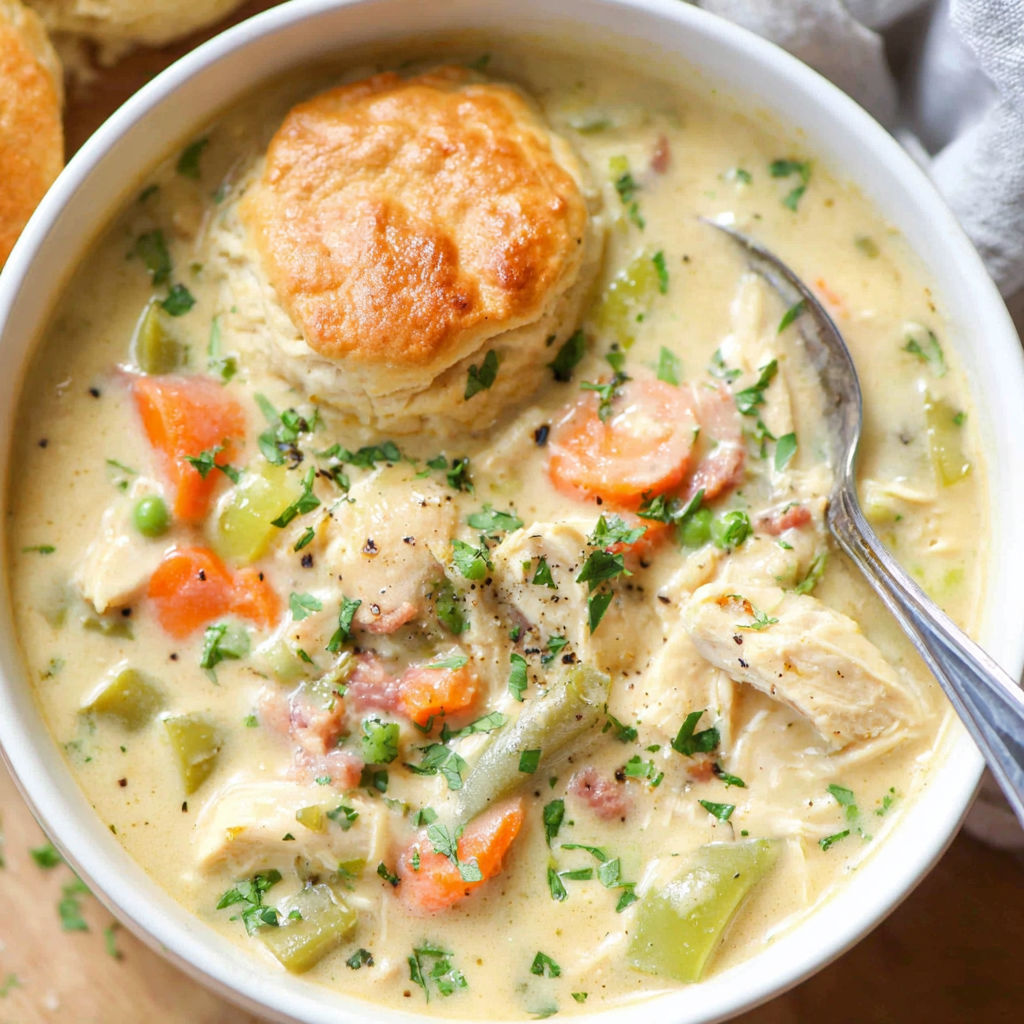 A bowl of soup with a biscuit in it.