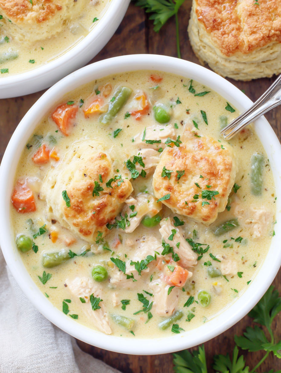 A bowl of chicken pot pie soup with a spoon in it.