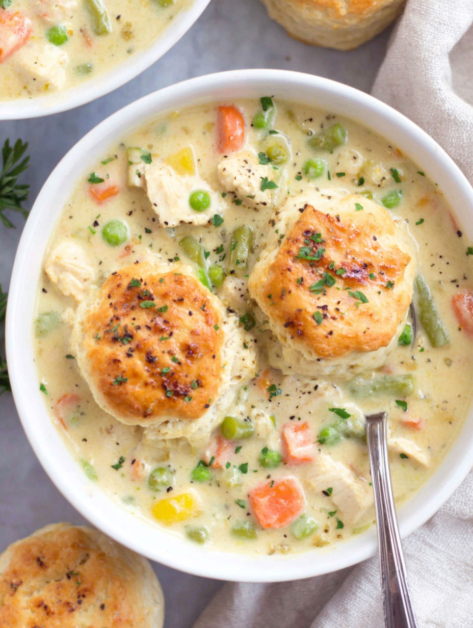 A bowl of chicken pot pie soup with a spoon in it.